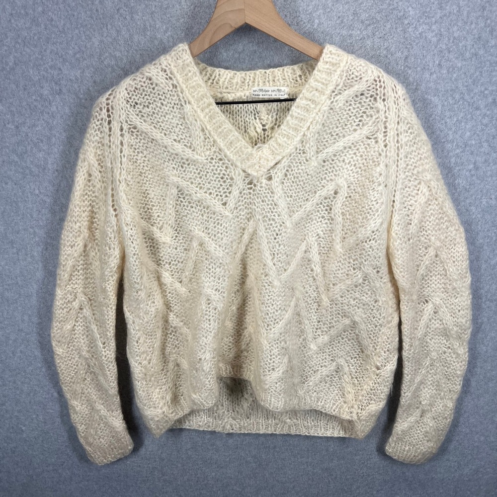 Vintage Mohair Wool Sweater Women‎ L Cream Ivory Hand Knitted Italy V-Neck EUC